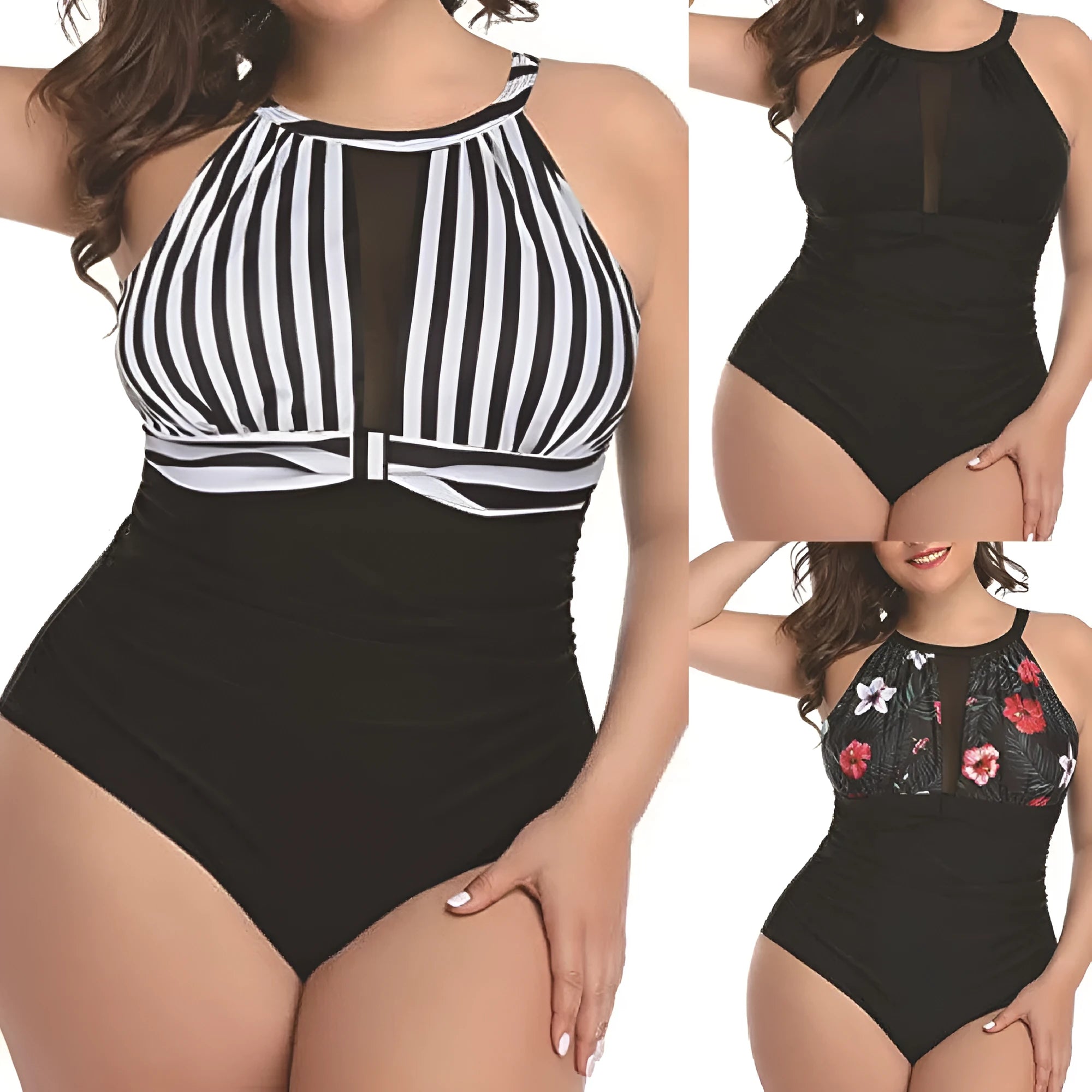 Women's black, striped, and red flower one-piece polyester swimsuit on hanger, sizes L to 4XL