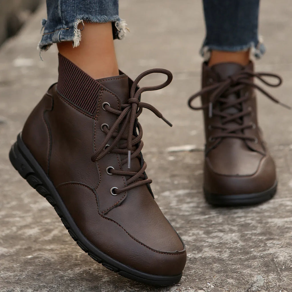Women's round toe lace-up ankle boots with front strap, flat non-slip sole, retro Western style, brown yellow black, sizes 36-43