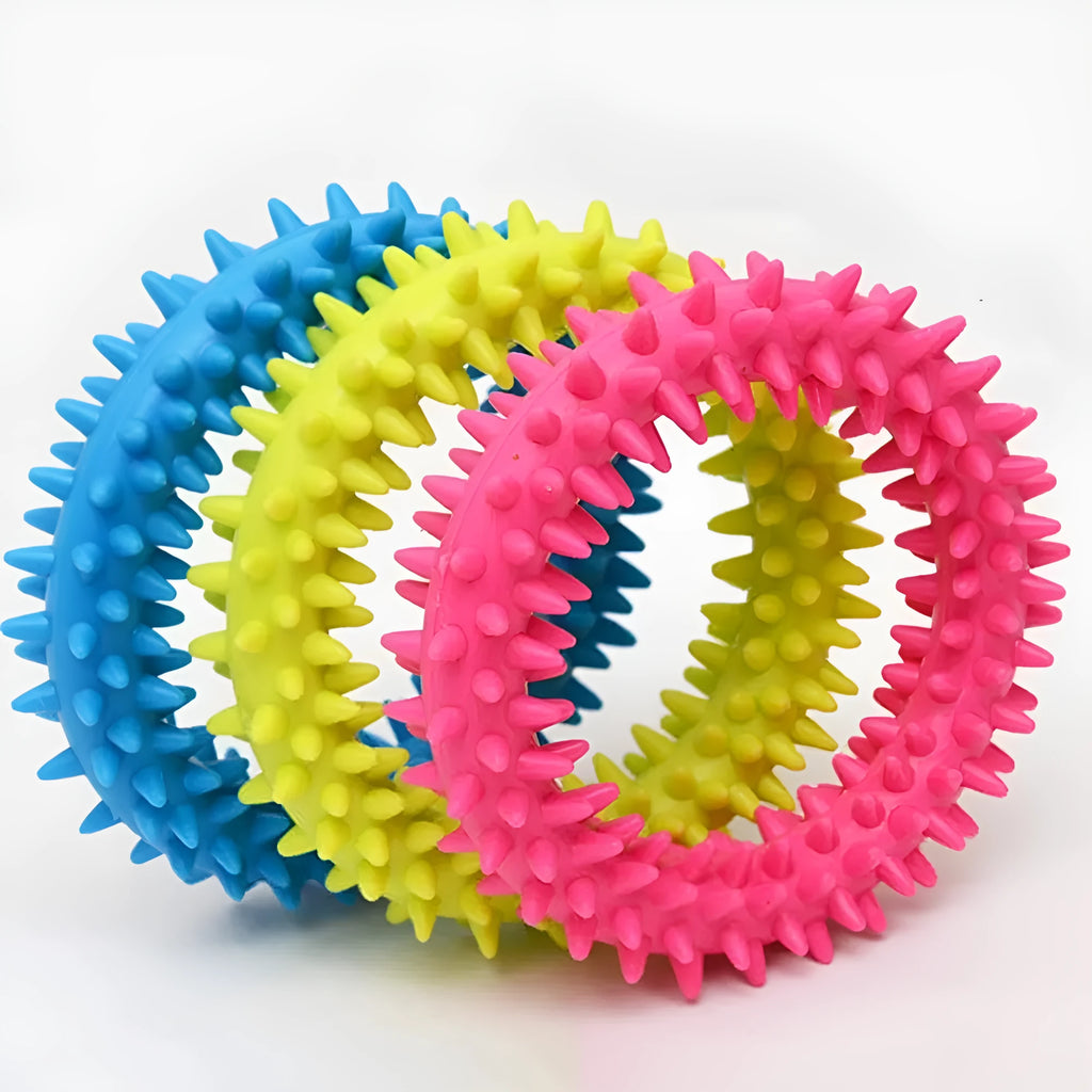 Blue TPR spiky ring dog chew toy for dental cleaning and bite training on a white background.