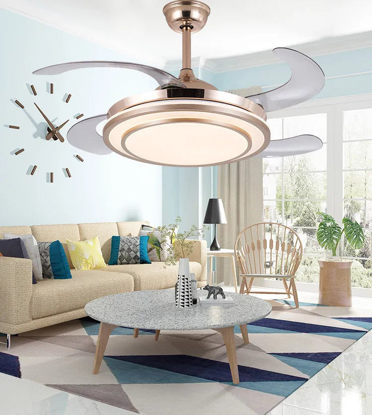 Full spectrum LED ceiling fan chandelier with invisible ABS blades in gold finish