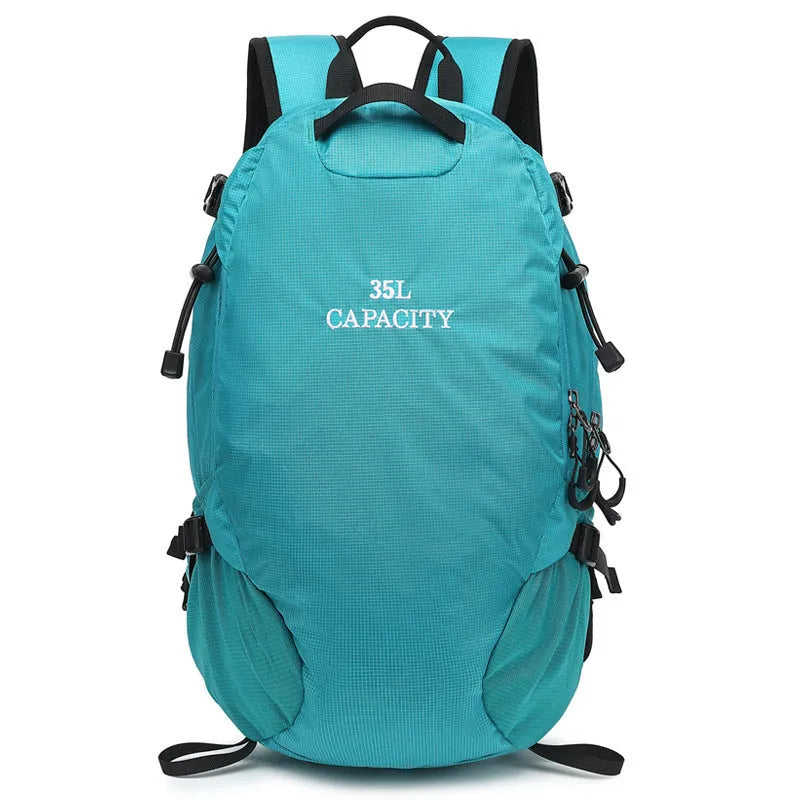 Outdoor waterproof hiking backpack with physiological curve back plate in black, lake blue, or lemon yellow