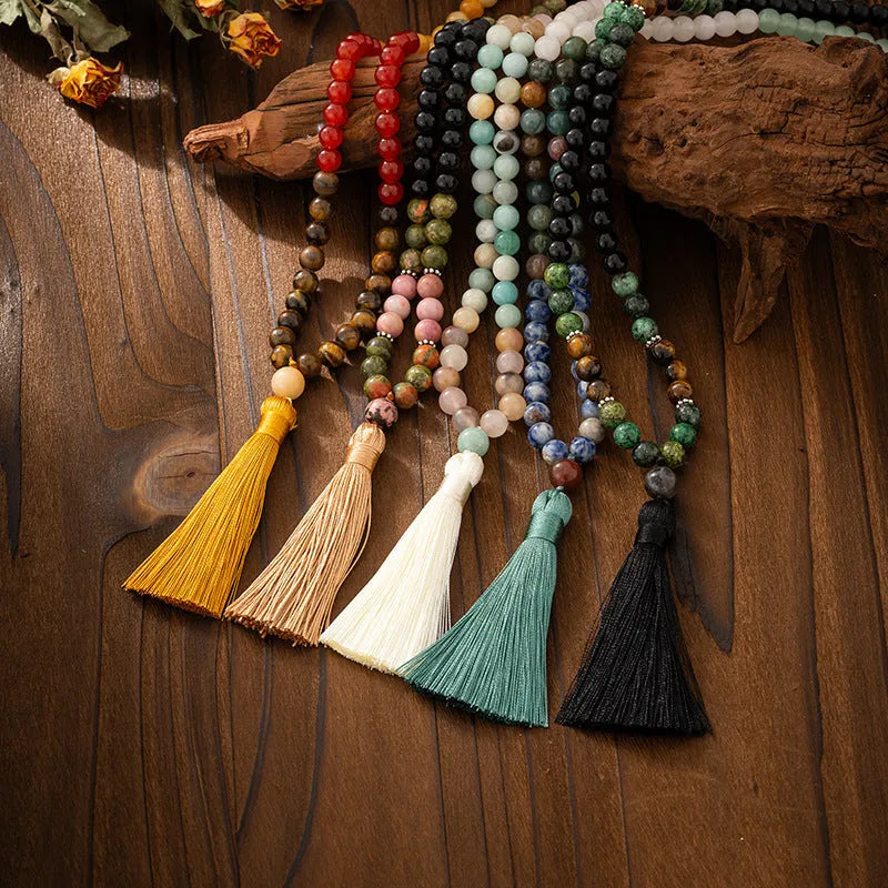 Vintage bohemian beaded necklace and bracelet set with natural stone beads in geometric round design