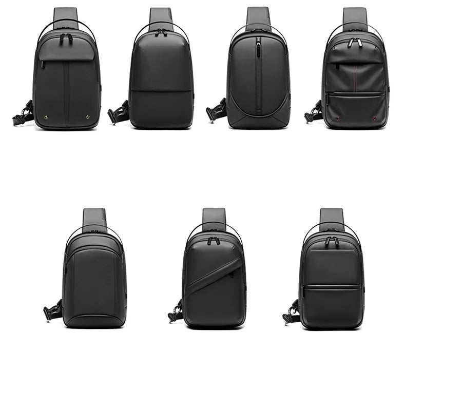 Men's waterproof crossbody bag in black Oxford cloth with zippered front and adjustable shoulder strap