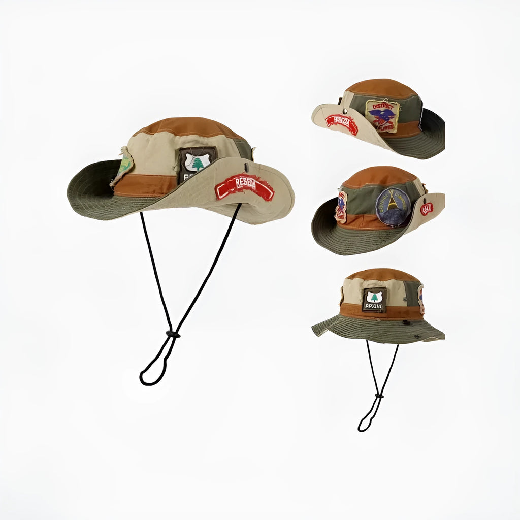 Army green cotton fisherman hat with hand-painted patchwork retro design and flat top crown