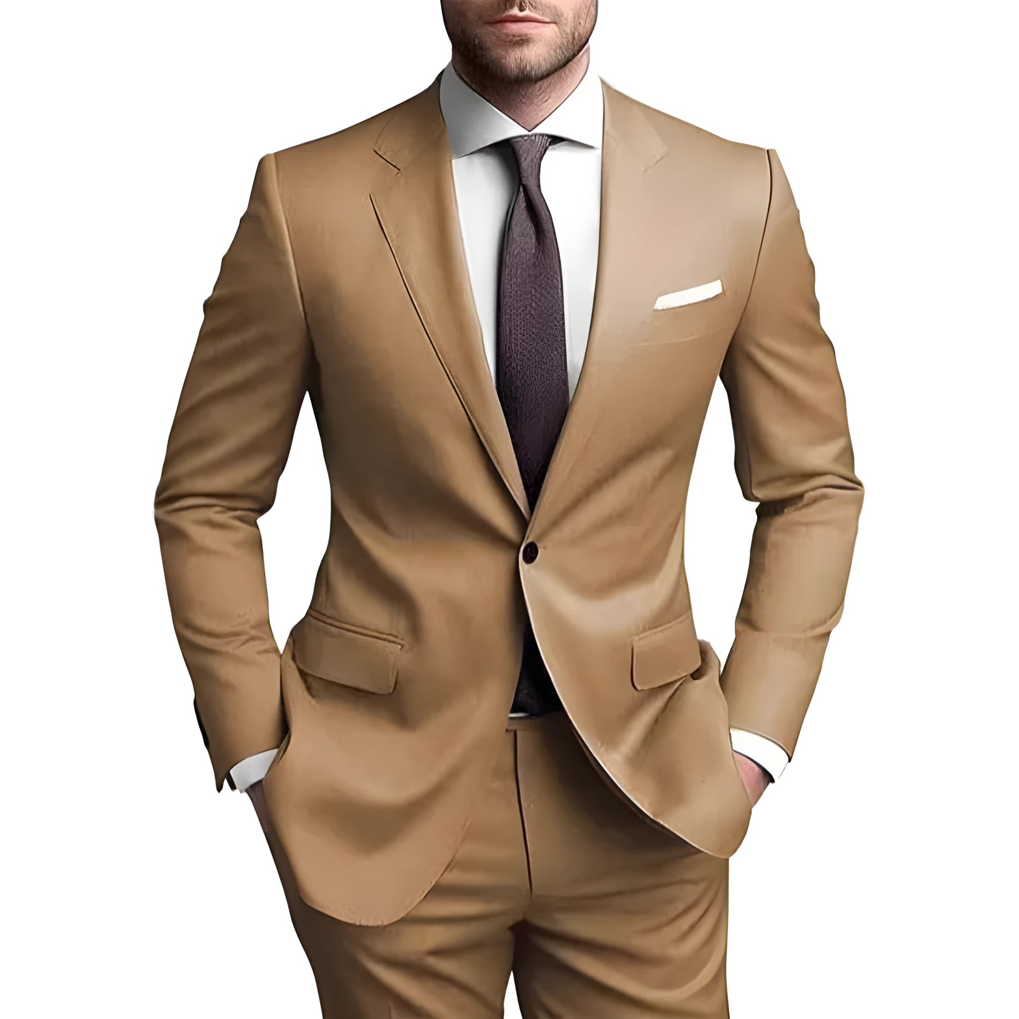Men's casual suit set in cotton blend with blazer and trousers, brown colour, light business style