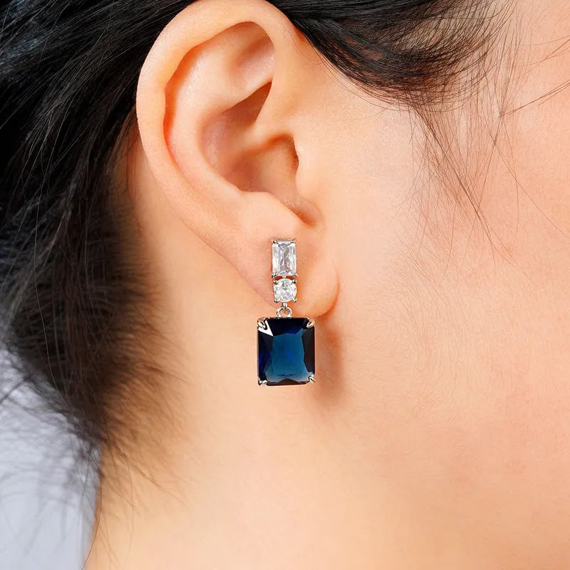 Blue contrast zircon earrings in geometric copper frame with electroplated blue finish