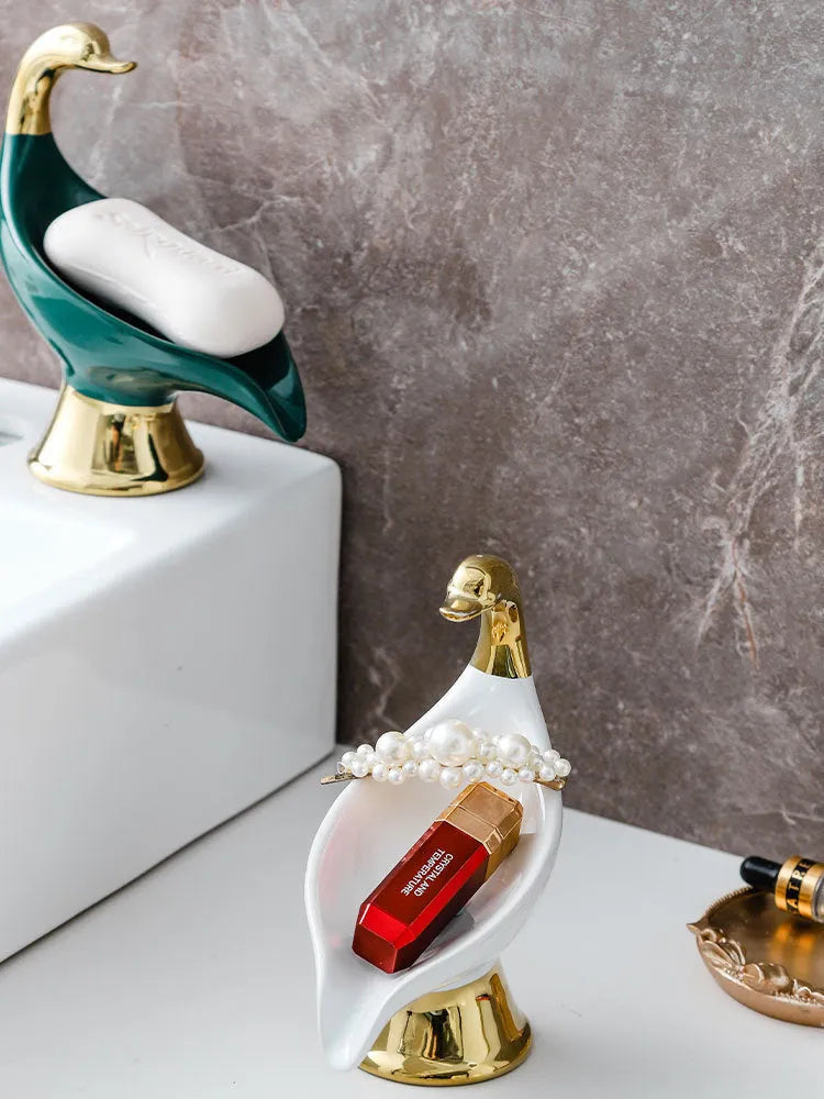 Ceramic swan soap dish rack with cover in white or green, single soap holder for bathroom or kitchen
