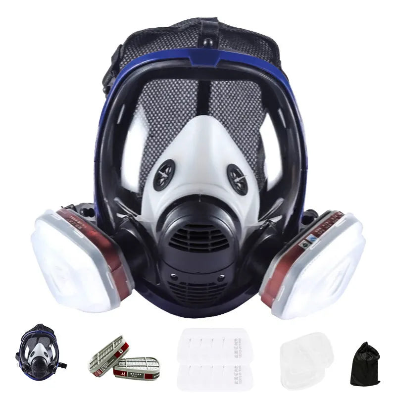 Blue-edged spherical full-face silicone gas mask with trapezoidal filter canister and box of seven filters.