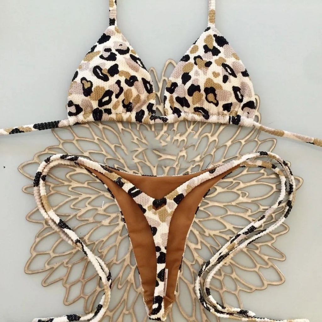 Women's printed nylon bikini swimsuit with cotton-lined briefs in three colour options