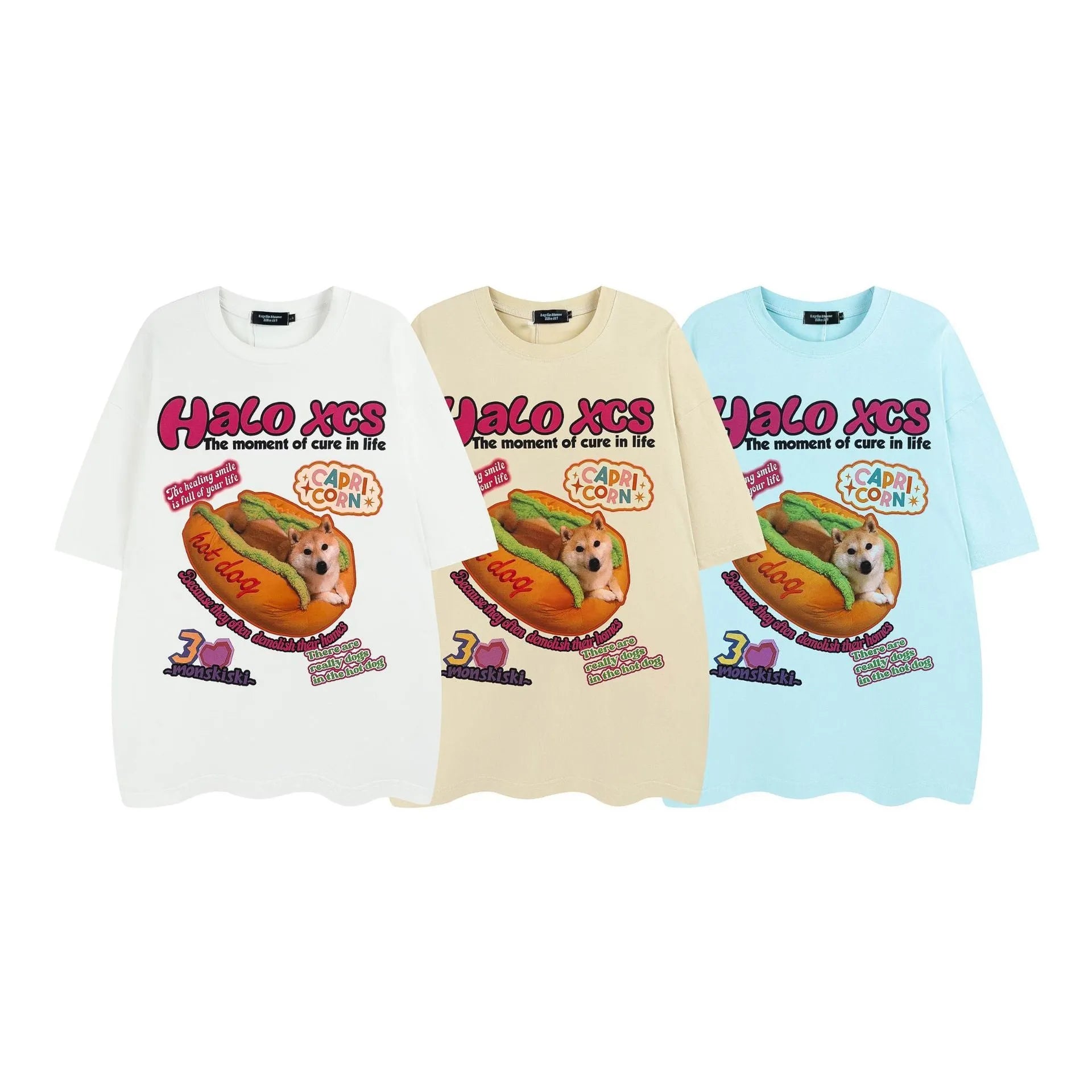 Cartoon hamburger dog print on a short-sleeved, loose-fit cotton T-shirt in white.