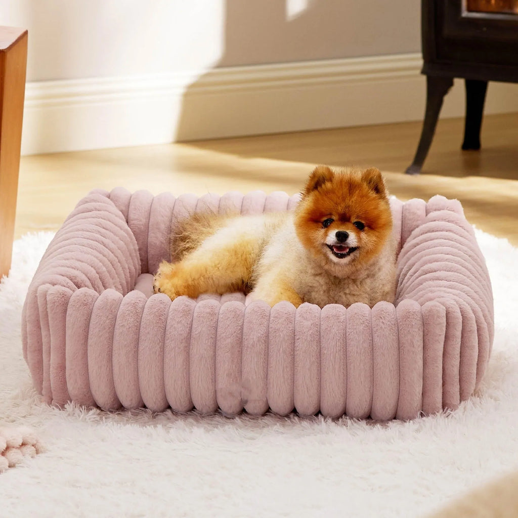 Raised-edge pet dog cat bed cushion in beige, shown in a large size with high sides.