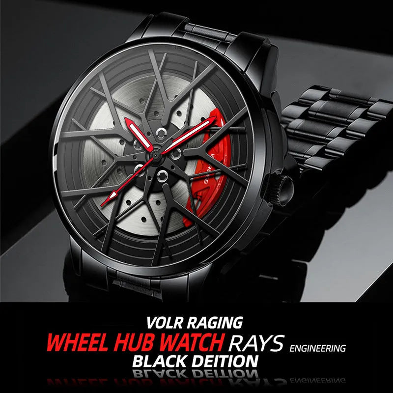 Waterproof men's luminous wheel watch with 43mm dial and black strap on wrist