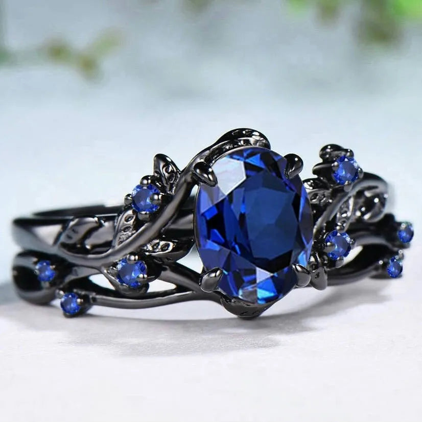 Gun black copper women ring with navy blue rhinestone inlay geometric shape