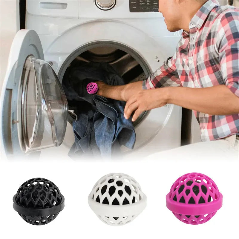 Reusable bag cleaning ball in pink colour on a clean surface