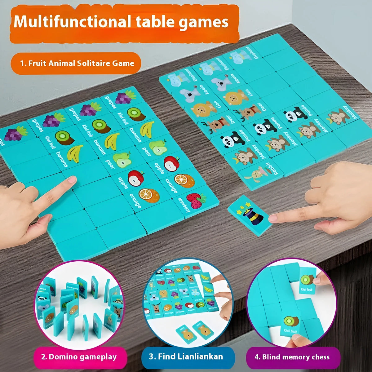 Wooden dominoes board game, Four in One Game, 24x18.2x5.5cm, for children aged 4-6