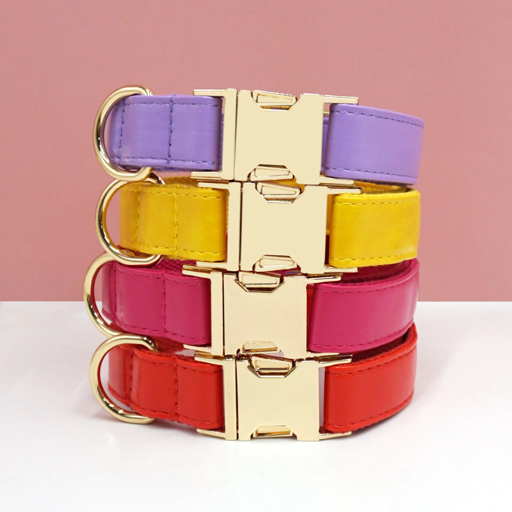 Leather dog collar with colour-blocking velvet trim in caramel on a dark brown base.