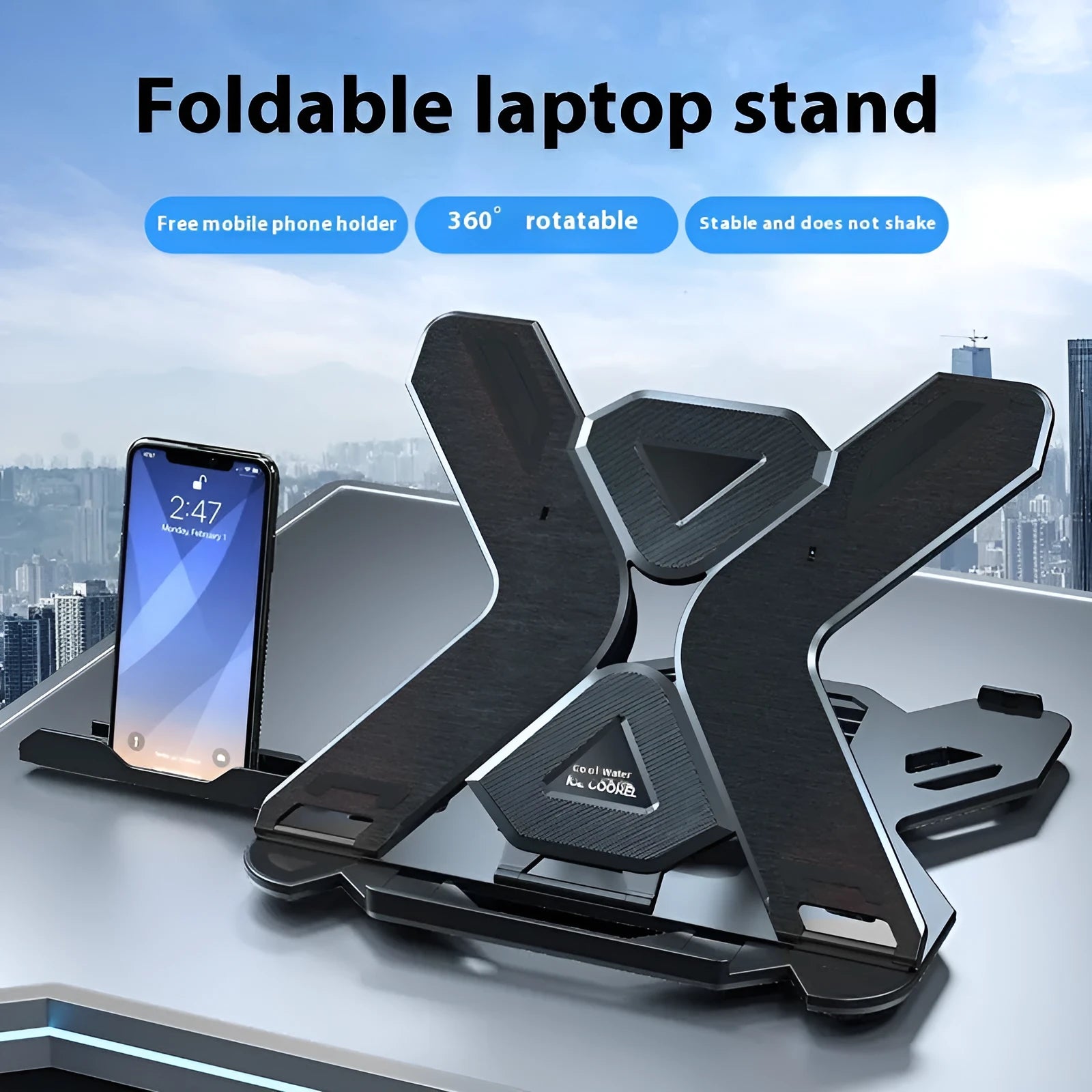 Black ABS plastic laptop bracket with 300x200mm platform showing laptop placement