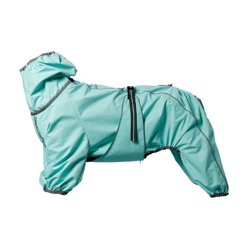 Red cotton-padded dog winter shell jacket on a mannequin, showing sizing for chest and body length.