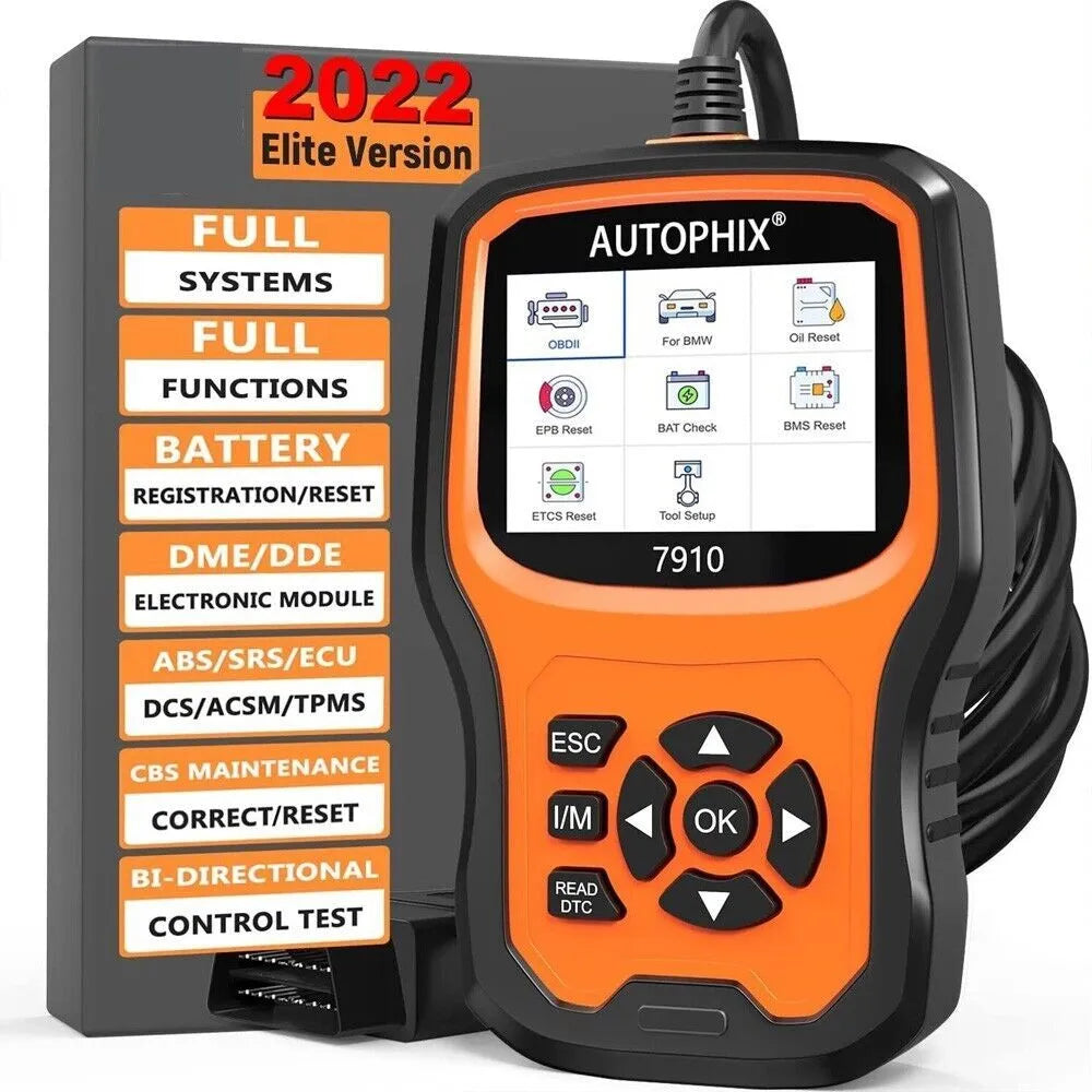 Autophix 7910 BMW diagnostic scanner with display screen and OBD2 connection cable