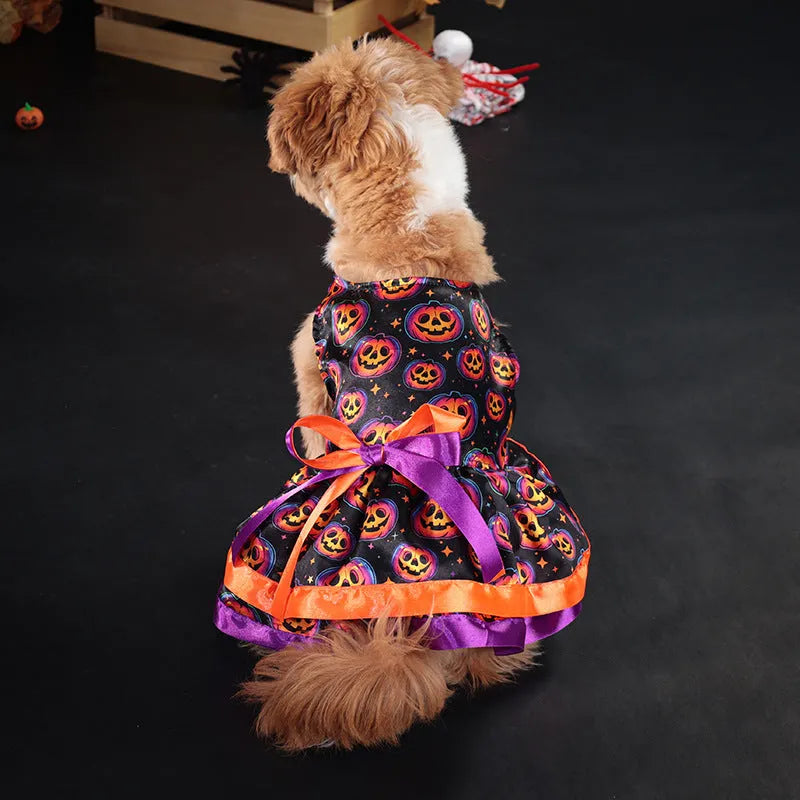 A double-layer Halloween pet skirt for dogs in a colourful pumpkin print, shown in size M.