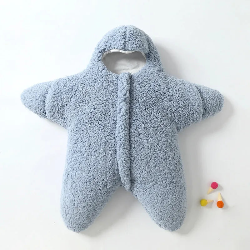 Lamb velvet baby sleeping bag with hood and zip in pink, grey, blue, or khaki colours