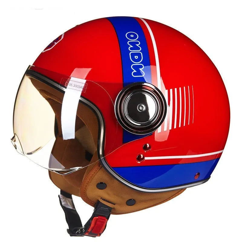 Retro-style half helmet for battery cars in bright blue and red colour combination showing ABS construction