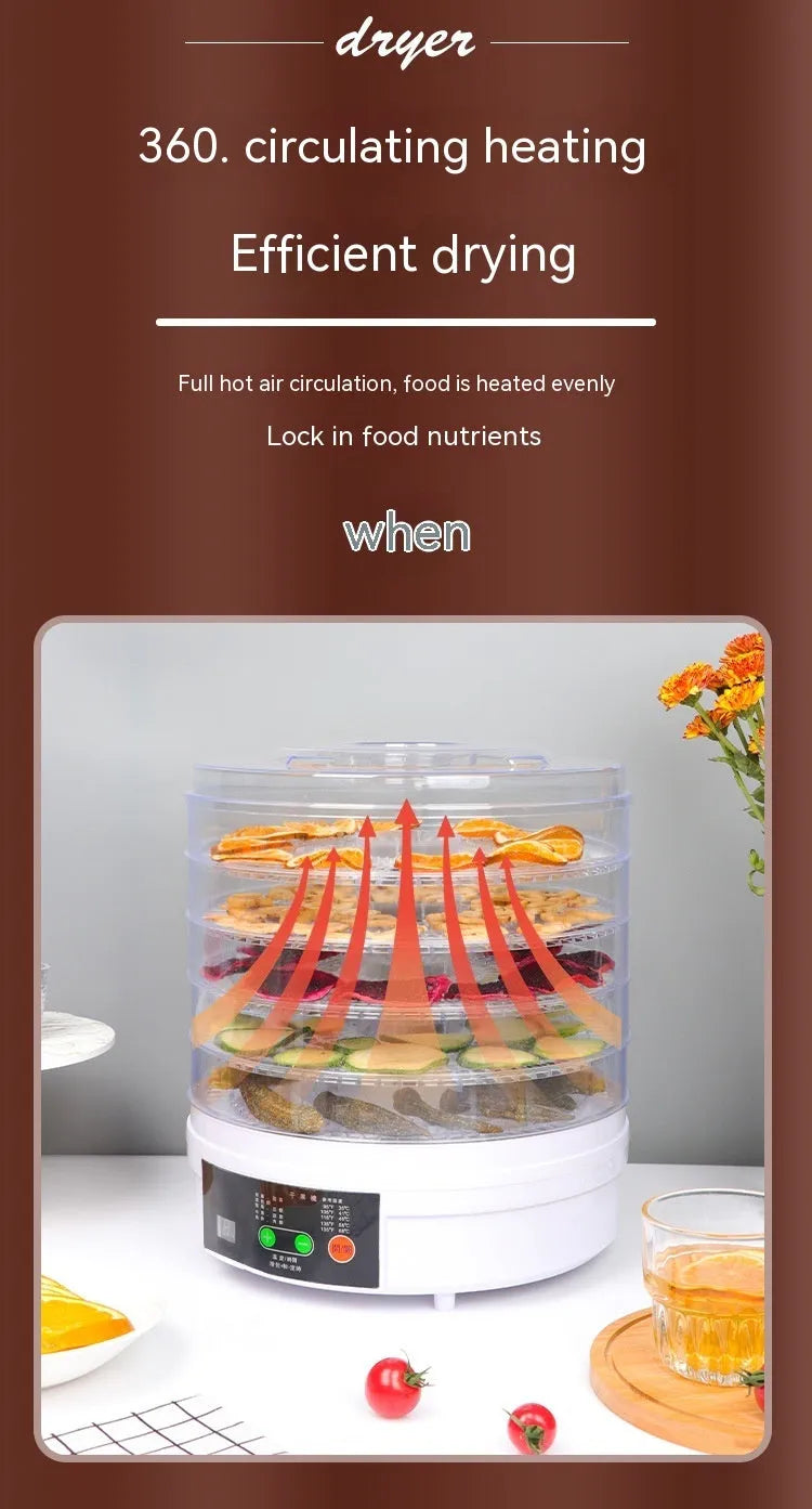 Five-layer stainless steel tray food dehydrator with British plug for home use.
