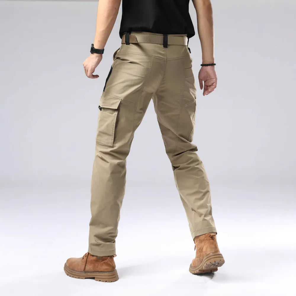 Men's outdoor cotton overalls in khaki with drawstring waist and loose fit, windproof and waterproof