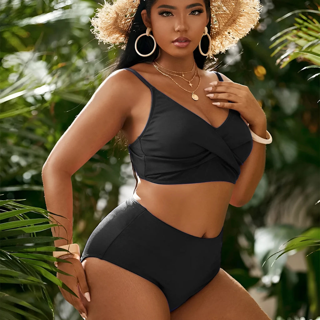 Plus size high waist split bikini swimsuit in solid colour for women, polyester and spandex fabric