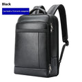 Black genuine cowhide leather business commuter backpack with USB port and curved shoulder straps.