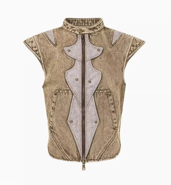 Men's pleated denim vest in cotton fabric, Korean style, shown in available colour.
