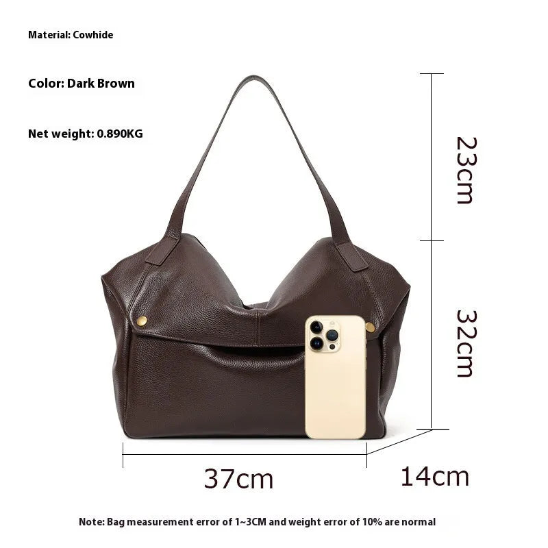 Brown genuine leather women's shoulder bag with horizontal square shape and internal organisation compartments