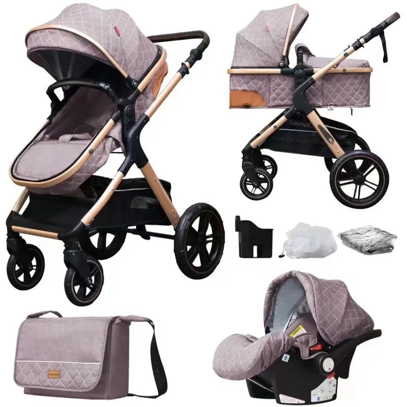 Lightweight folding baby cart with iron pipe frame, sit and lie positions, 15kg capacity, in khaki colour