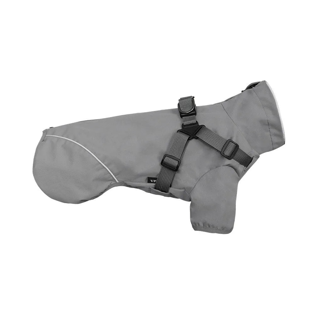 Waterproof dog raincoat in camouflage colour with two leg openings for chest and back coverage, polyester material, casual style