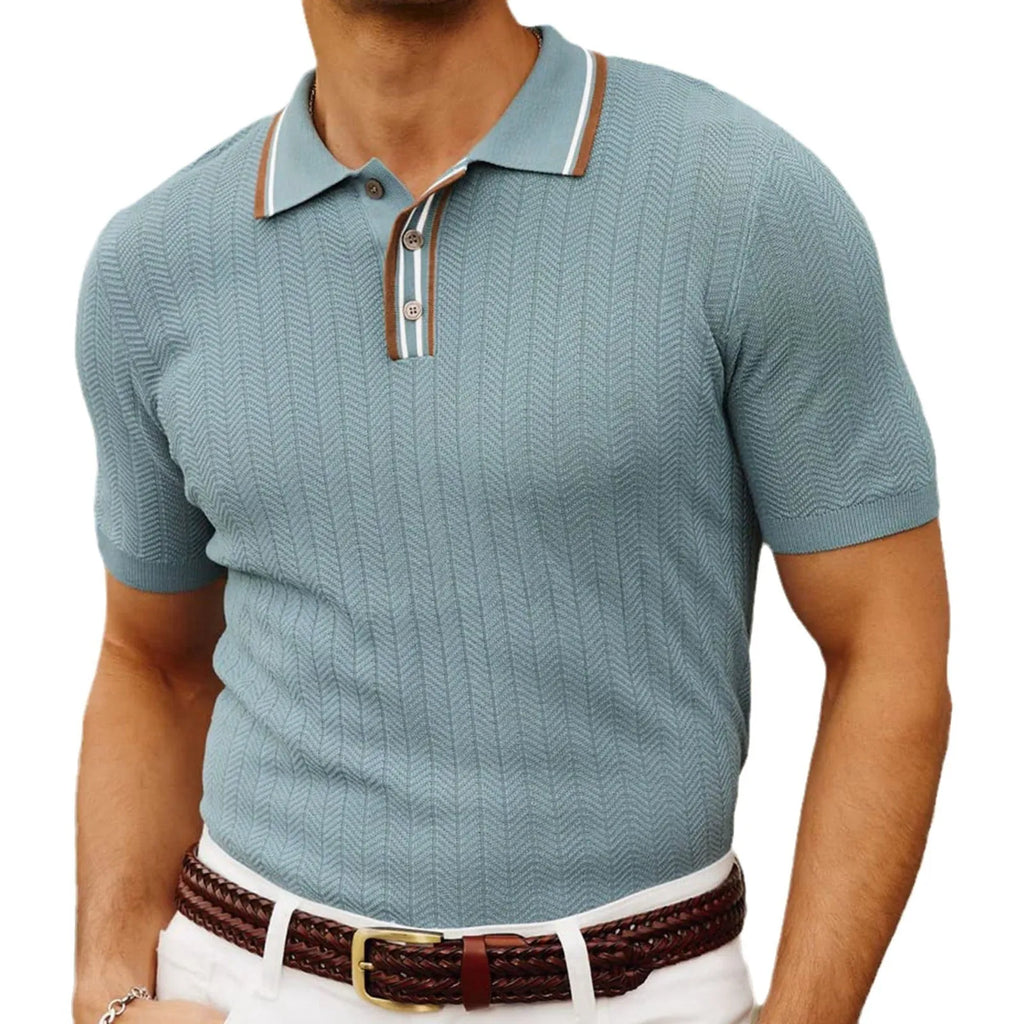 Men's solid colour short sleeve Tencel sweater in light blue, regular fit, flocked texture