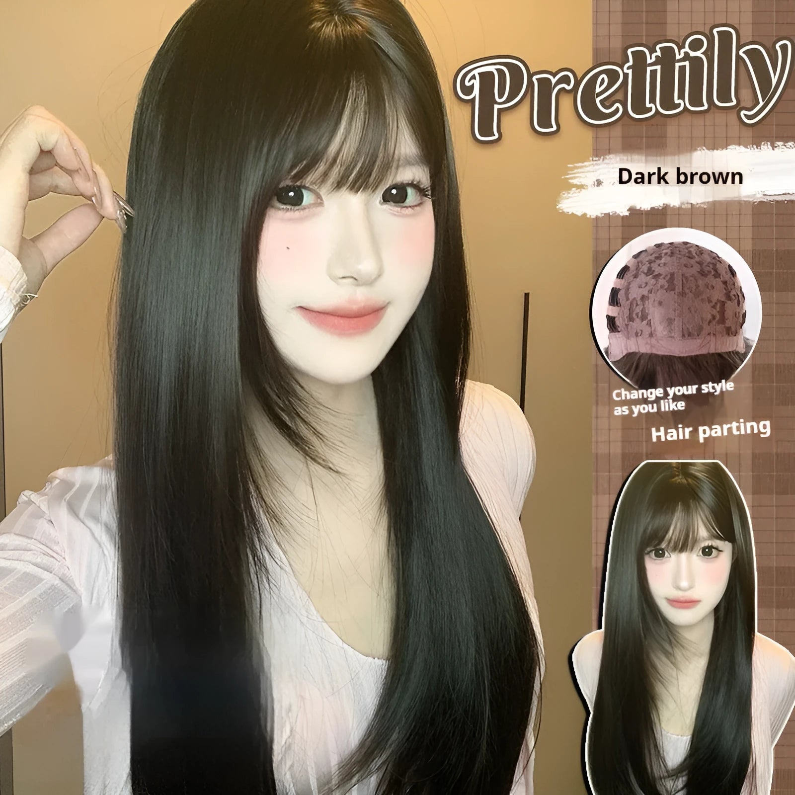 Dark brown full-head synthetic wig with long straight hair and bangs for round face shapes