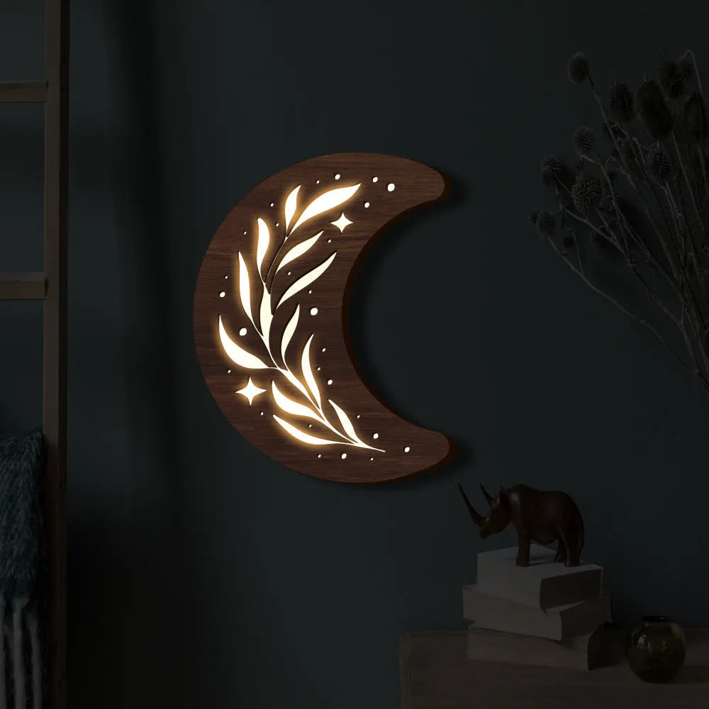 Bohemian style wooden leaf crescent pendant lamp with basswood construction