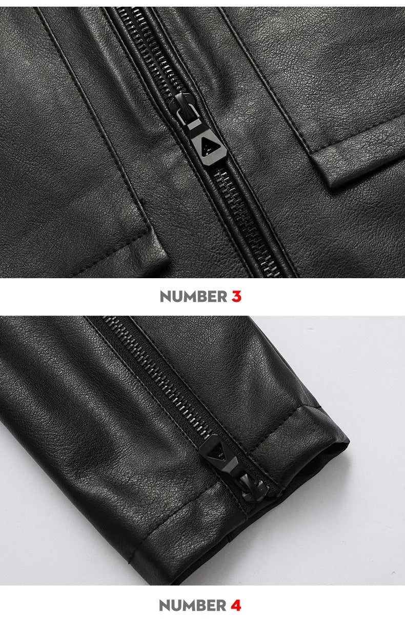 Men's slim lapel artificial leather jacket in black, side pockets, spring autumn outerwear