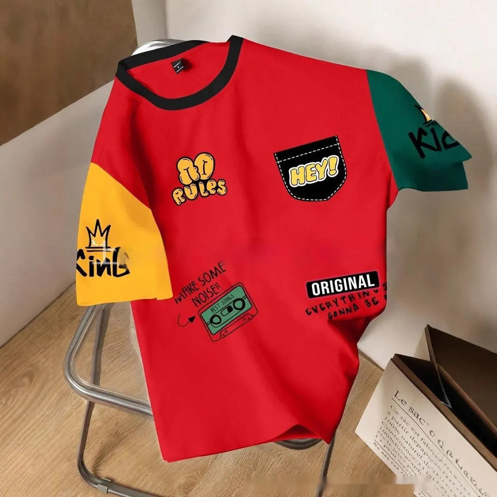 Men's loose fit casual T-shirt with a digitally printed letter pattern on the front.