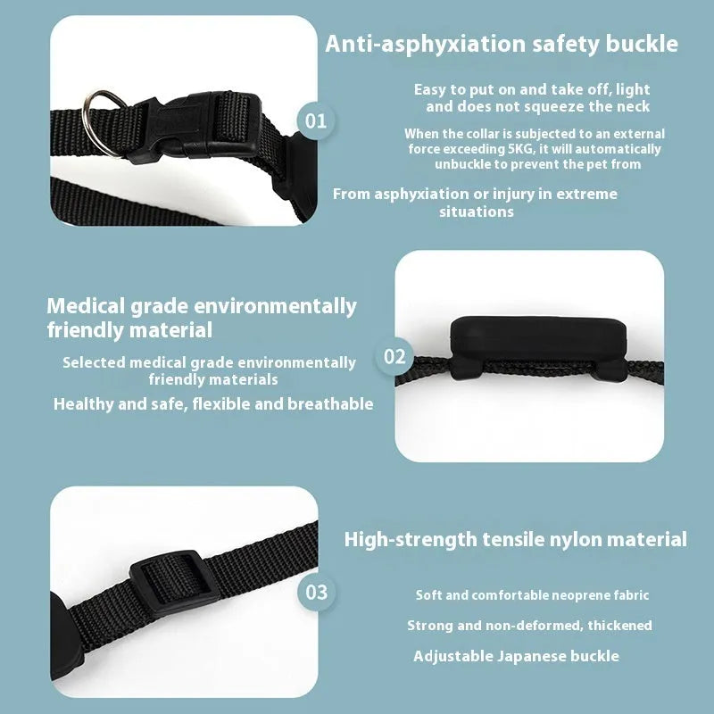 Black Bluetooth pet positioning collar with adjustable strap on a grey background.