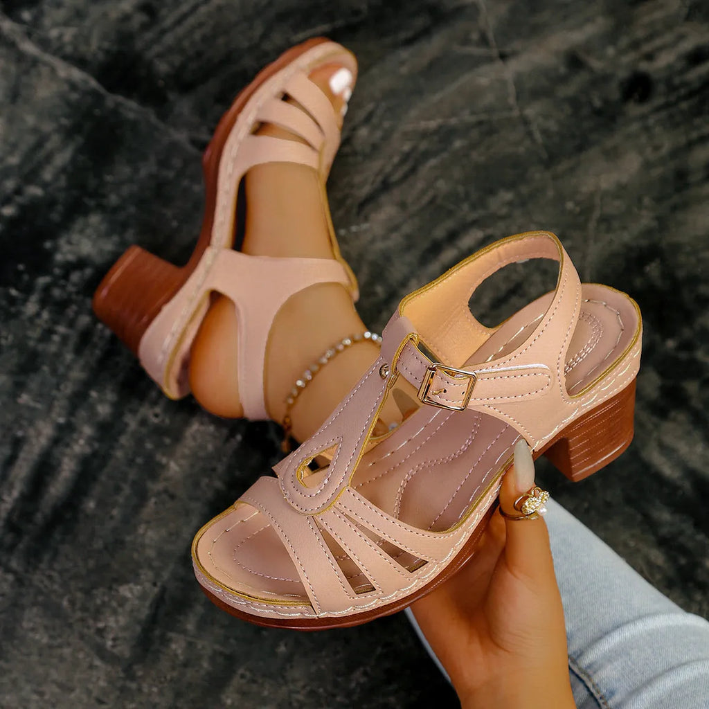 Women's peep toe wedge platform sandals with buckle fastening in various colours