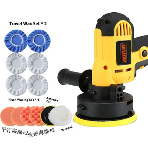 Yellow 110V car polishing machine 9-piece set with 700W motor, disc, wool ball, wrench, and side handle on a workshop bench