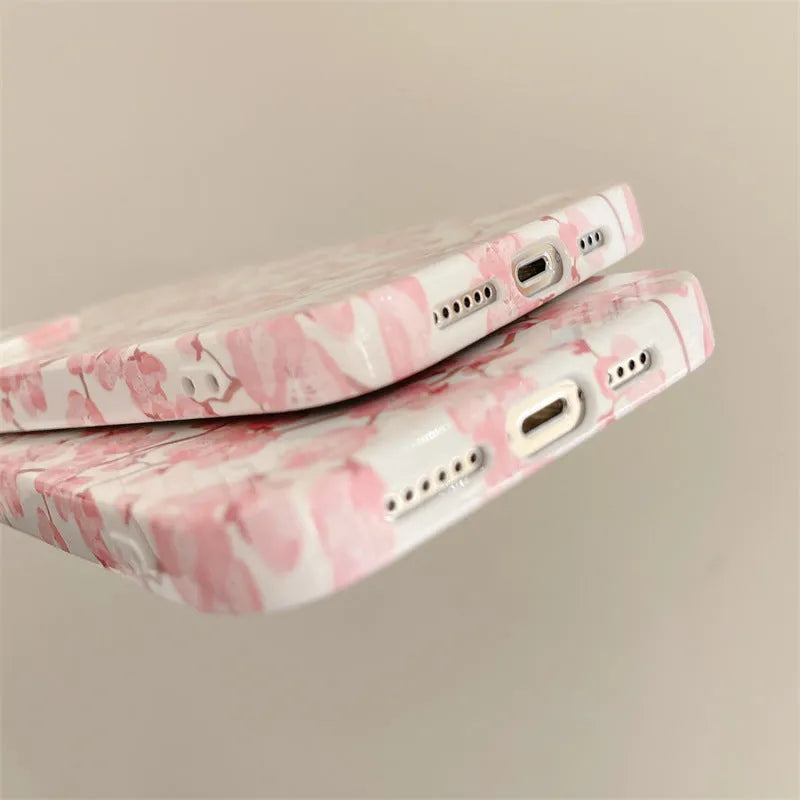 Pink cherry blossom silicone phone case for iPhone 13 12 11 Pro Max XR drop resistant back cover