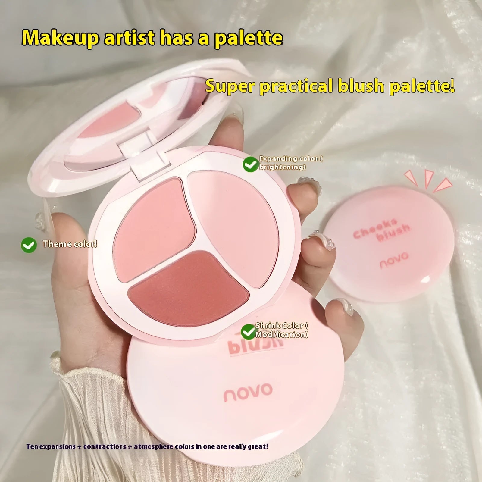 Tricolor blush palette showing three matte shades: peach, apricot, and mauve-pink