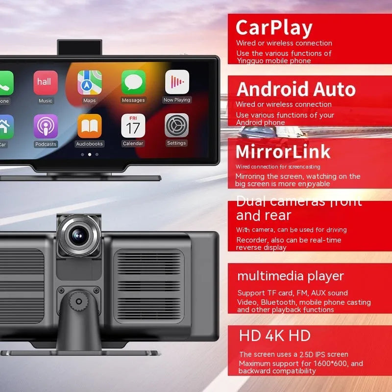 10.26-inch Wireless CarPlay multimedia recorder with black plastic housing and capacitive touch screen
