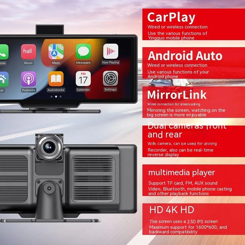 1026-inch wireless Carplay recorder with black capacitive touch screen and driving recorder option