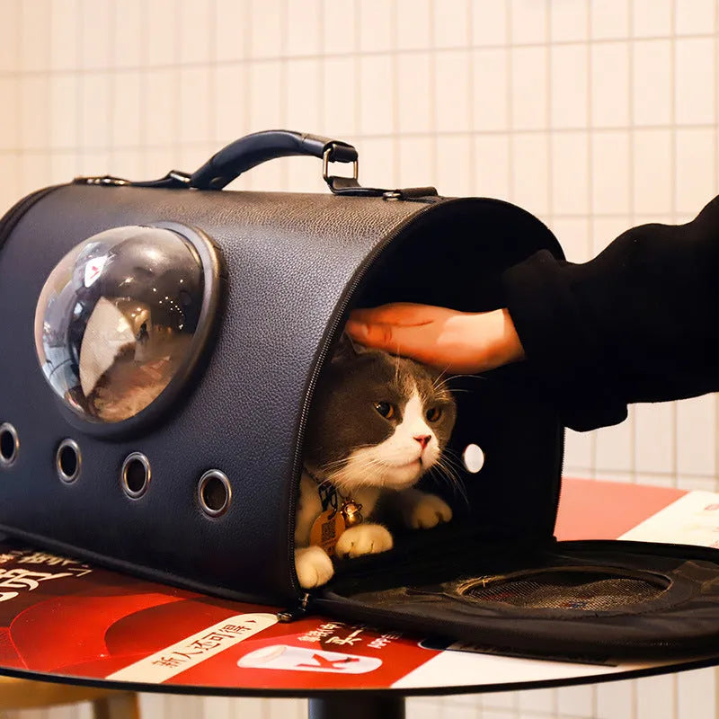 Leather cat bag space capsule in Classic Black, large capacity, with diagonal strap, for cats up to 12 catties