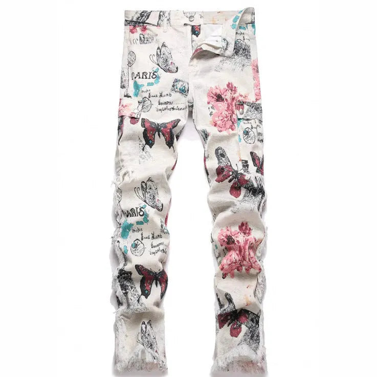 Men's slim fit animal digital printed denim trousers in cotton, mid waist, zip closure