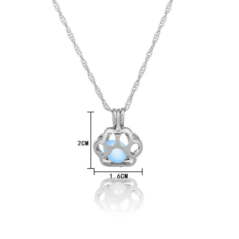 Dog paw hollow luminous necklace alloy pendant 45cm chain blue green
