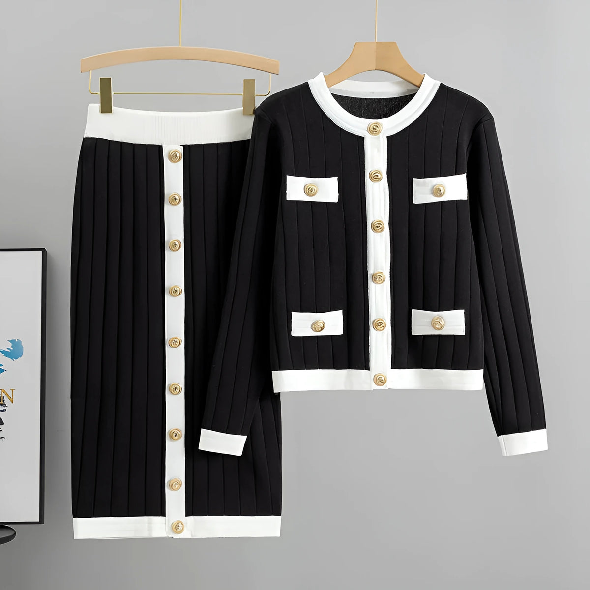 Women's knitted cardigan and midi skirt two-piece set in viscose fibre with contrast colour detail